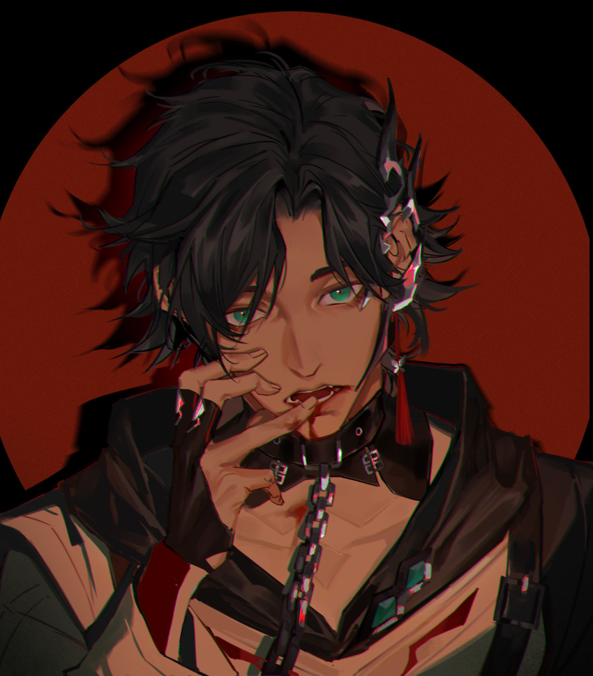 1boy, absurdres, black_gloves, black_hair, blood, blood_from_mouth, blood_on_face, blood_on_hands