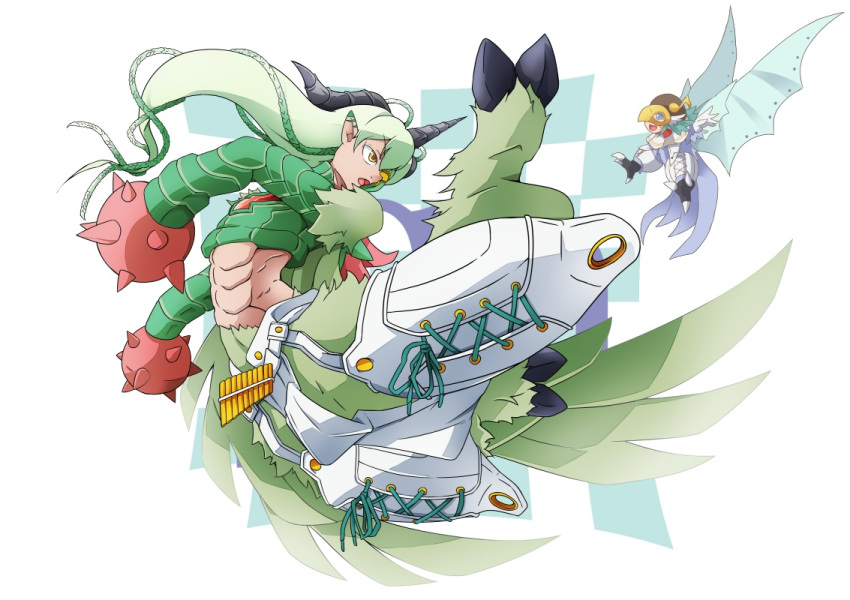 1boy, 1girl, aegiochusmon_green, armor, body_fur, commentary_request, digimon, digimon_(creature)