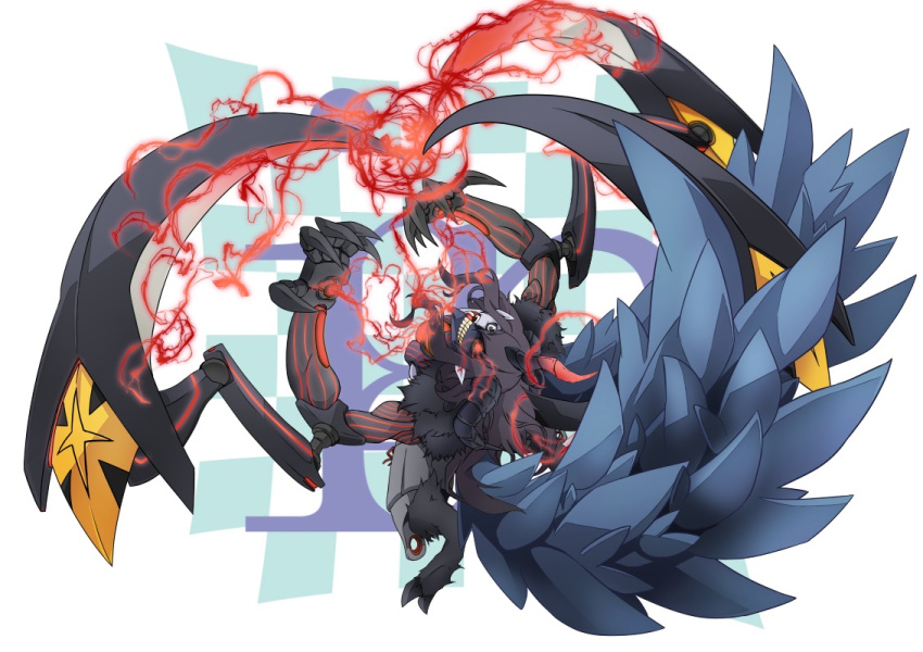 1boy, aegiochusmon_dark, armor, black_armor, black_fur, black_hair, black_mask, blue_wings