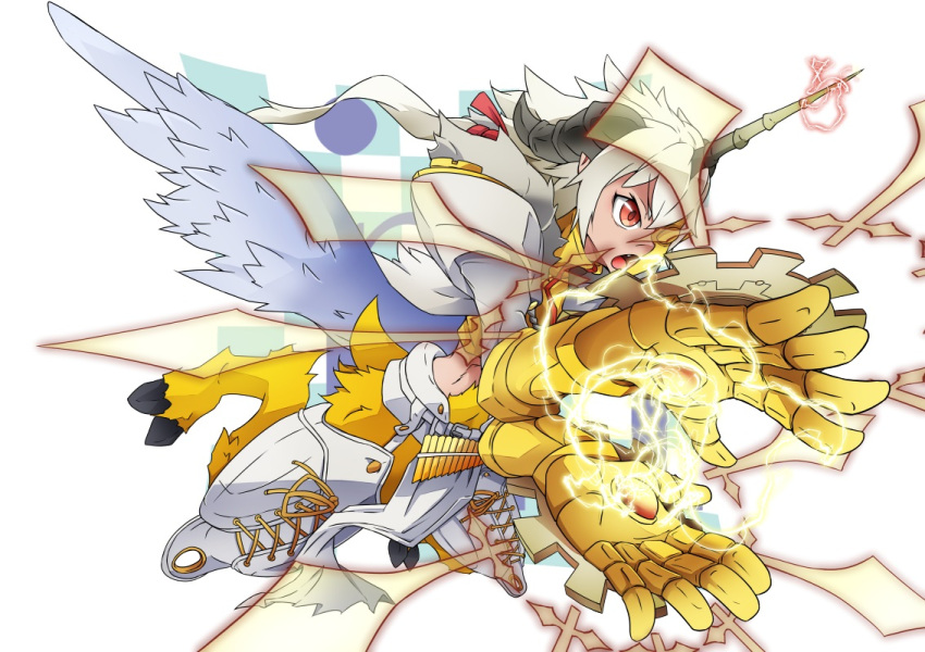 1boy, aegiochusmon_holy, armor, blonde_hair, body_fur, brown_eyes, commentary_request, digimon