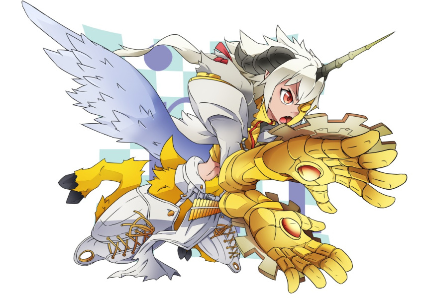1boy, aegiochusmon_holy, armor, blonde_hair, body_fur, brown_eyes, commentary_request, digimon