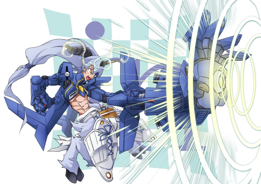 1boy, aegiochusmon_blue, armor, attack, blue_armor, blue_fur, blue_hair, blue_mask, body_fur, commentary_request, digimon, digimon_(creature), electricity, fangs, full_body, goat_boy, half_mask, long_hair, male_focus, mask, mechanical_arms, mechanical_wings, open_mouth, roy_payne, solo, wings, yellow_eyes
