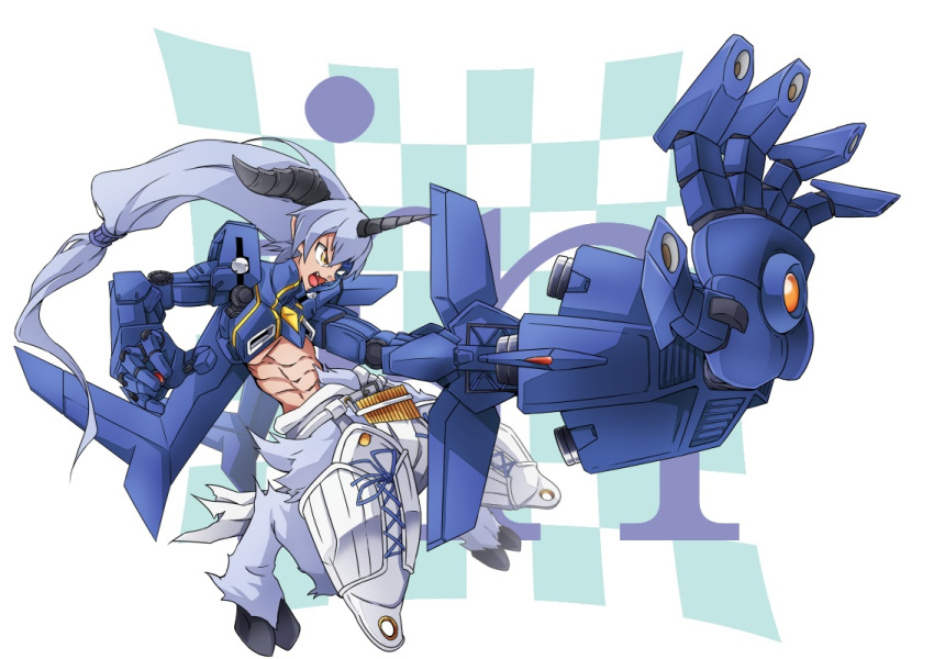 1boy, aegiochusmon_blue, armor, blue_armor, blue_fur, blue_hair, blue_mask, body_fur, commentary_request, digimon, digimon_(creature), fangs, full_body, goat_boy, half_mask, long_hair, male_focus, mask, mechanical_arms, mechanical_wings, open_mouth, roy_payne, solo, wings, yellow_eyes