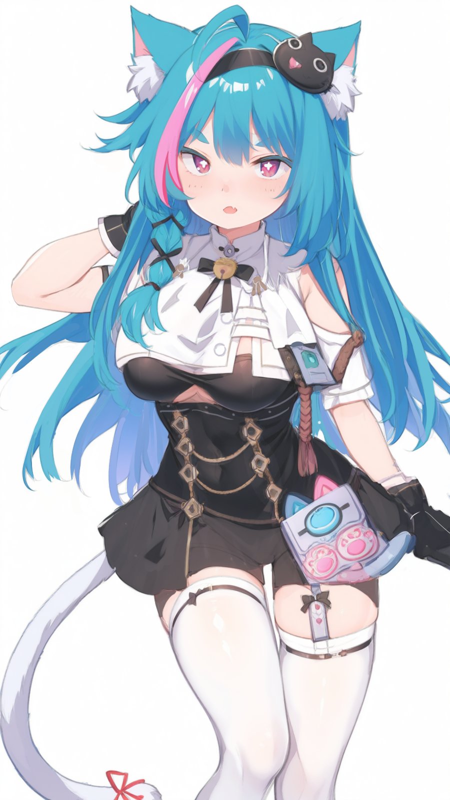 1girl, animal_ears, bare_arms, bare_shoulders, blue_hair, bright_pupils, cat_ears, cat_tail, highres, long_hair, looking_at_viewer, mint_(neverness_to_everness), neverness_to_everness, open_mouth, pink_eyes, tail, white_pupils