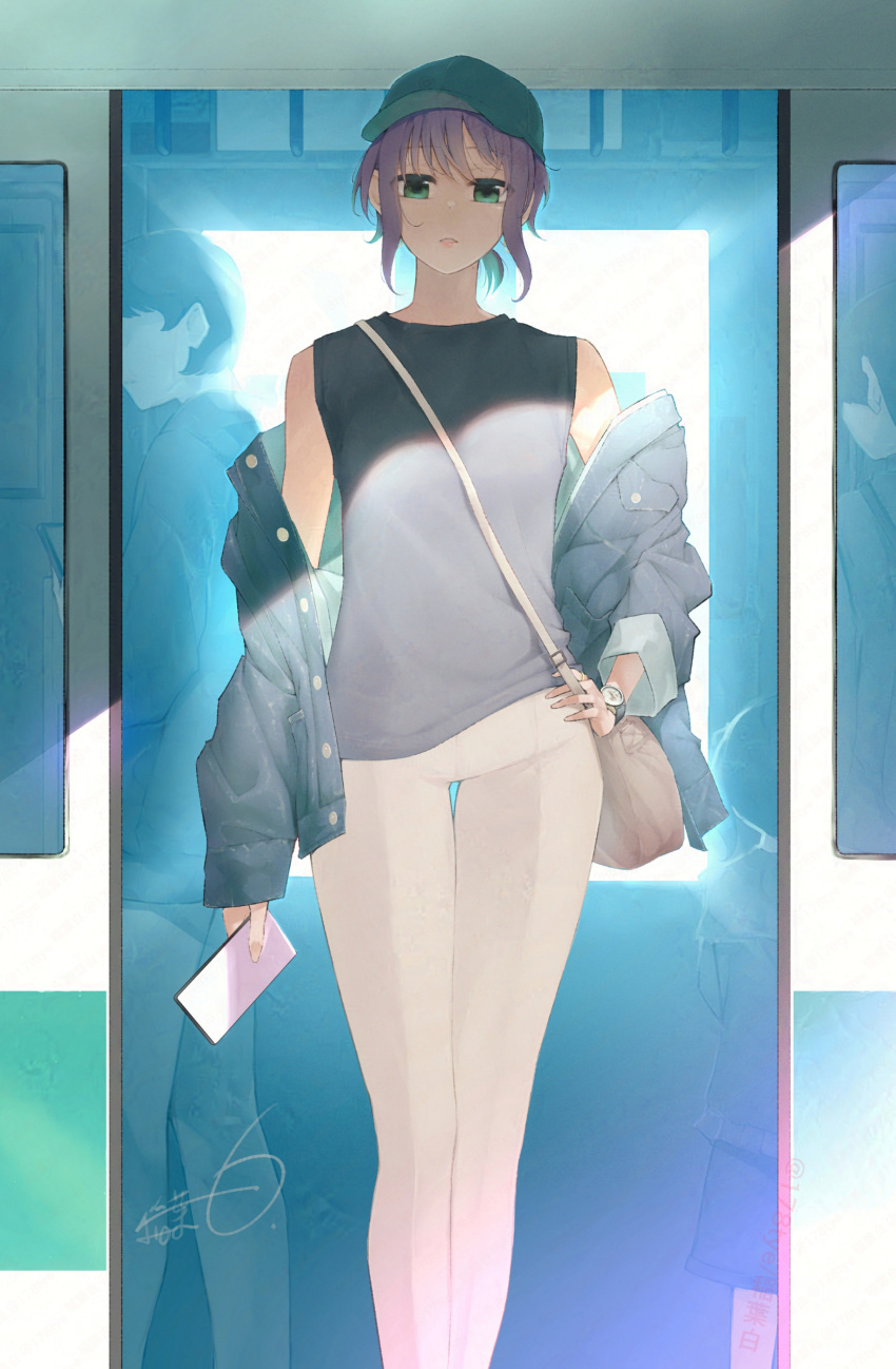 1girl, 3others, absurdres, bag, baseball_cap, black_shirt, cellphone, child