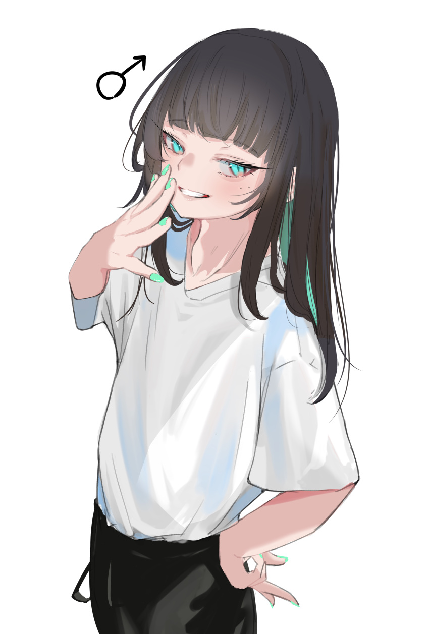 1boy, absurdres, aqua_eyes, aqua_hair, aqua_nails, black_hair, black_pants, blunt_bangs