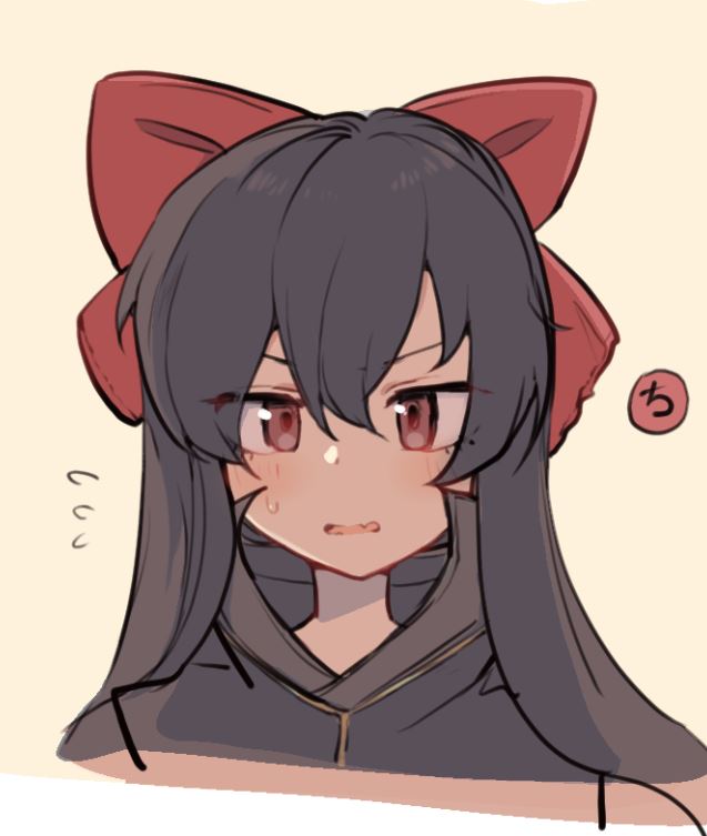 1girl, black_hair, black_shirt, bow, chiganemaru_(tenka_hyakken), commentary_request, flying_sweatdrops, hair_ornament