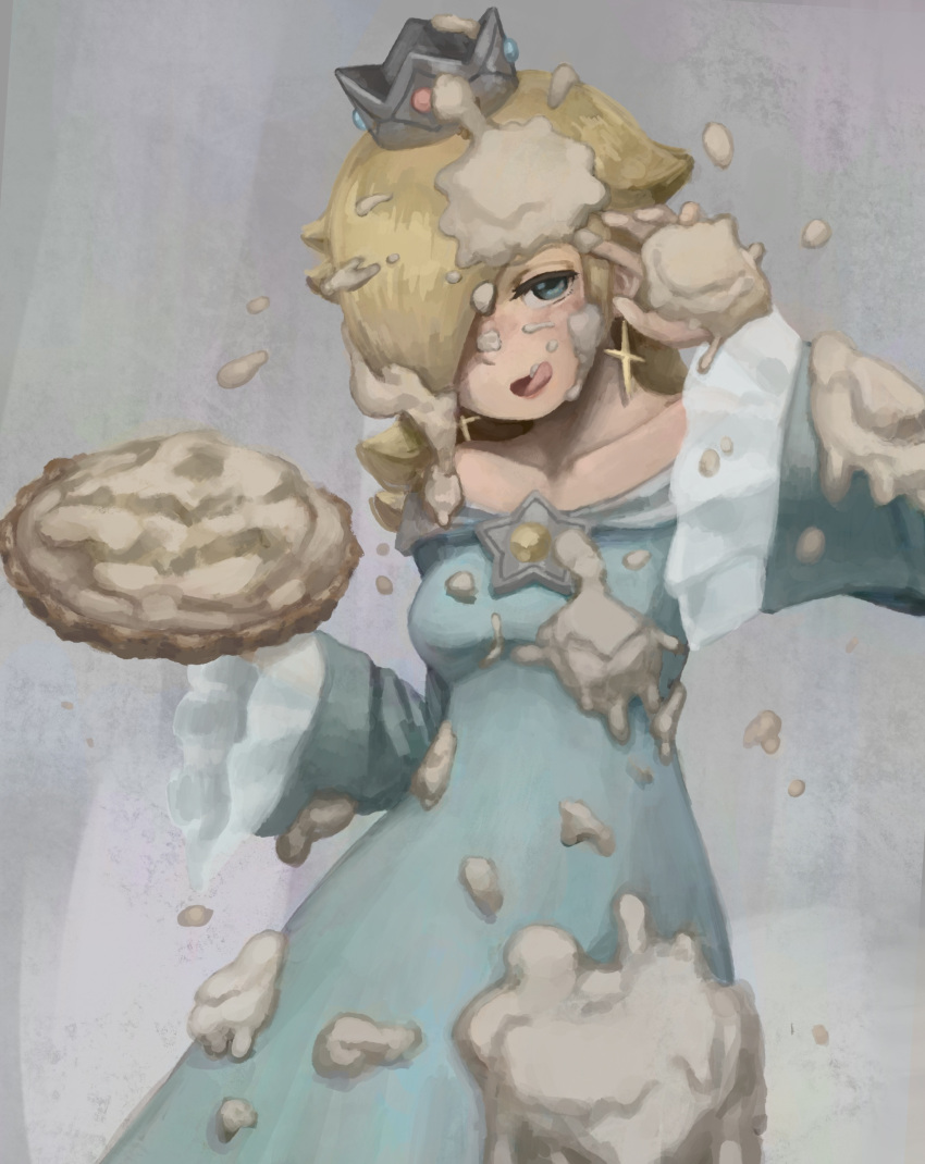 1girl, absurdres, blonde_hair, blue_dress, blue_eyes, blue_gemstone, breasts, collarbone, commentary_request, dress, earrings, food, food_fight, food_on_clothes, food_on_face, food_on_head, gem, grey_background, grey_crown, hair_over_one_eye, half-closed_eyes, hands_up, happy, highres, holding, holding_food, jewelry, licking_lips, long_dress, long_hair, long_sleeves, looking_at_viewer, mario_party, object_on_head, one_eye_covered, open_mouth, otya_kan, pie, red_gemstone, rosalina, simple_background, small_breasts, smile, solo, splatter, standing, star_(symbol), star_earrings, super_mario_bros., super_mario_party, tongue, tongue_out, wide_sleeves, yellow_gemstone