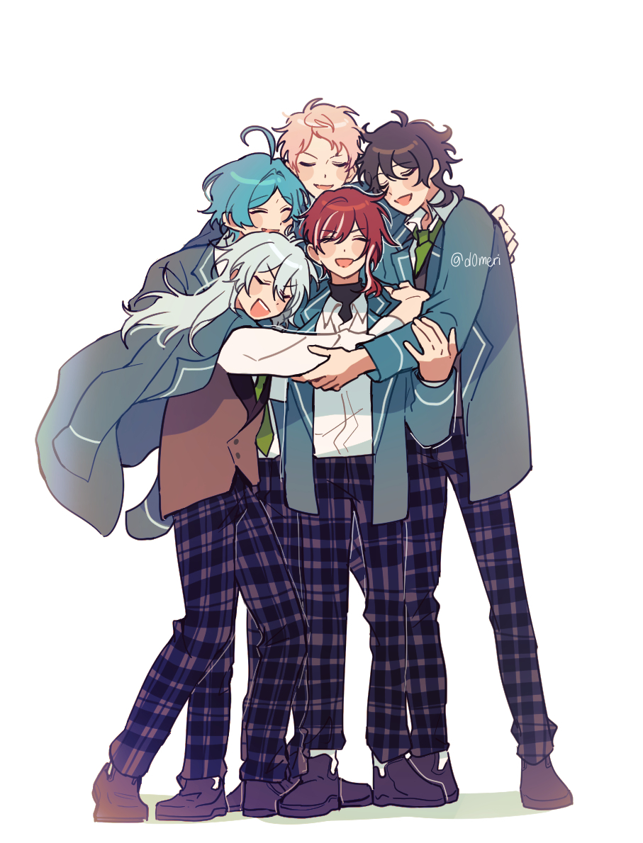 5boys, artist_name, behind_another, brown_footwear, closed_eyes, ensemble_stars!, facing_viewer, group_hug