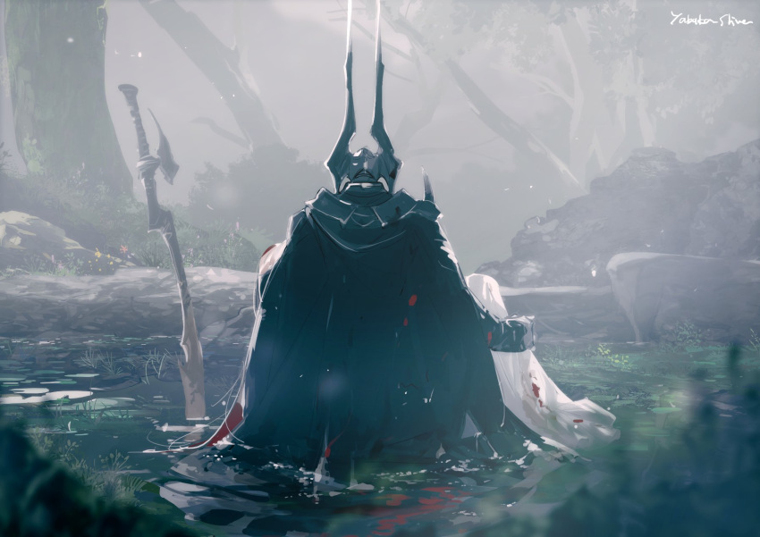 1other, black_cape, cape, day, fake_horns, final_fantasy, final_fantasy_xiv, fog
