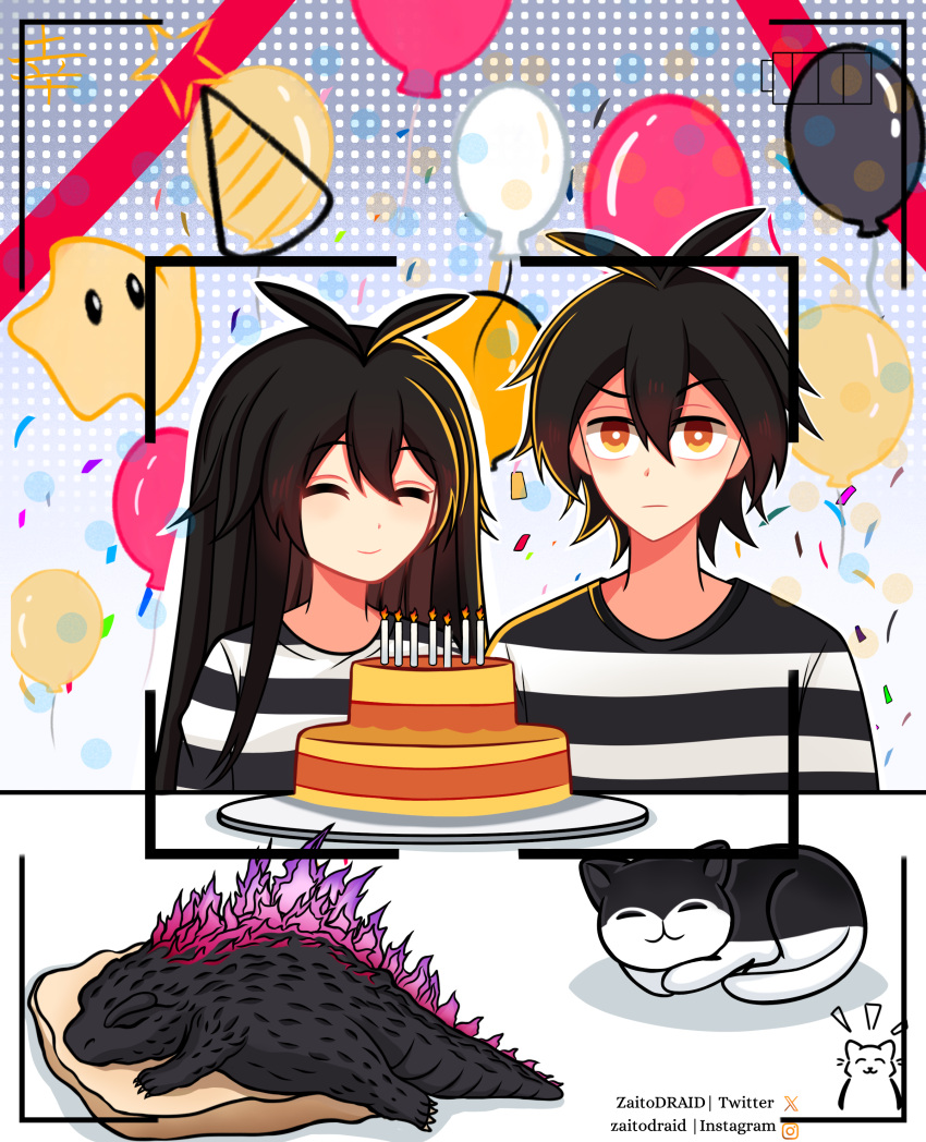 absurdres, balloon, bread, cat, flin_kaimane, food, godzilla, godzilla_(monsterverse)