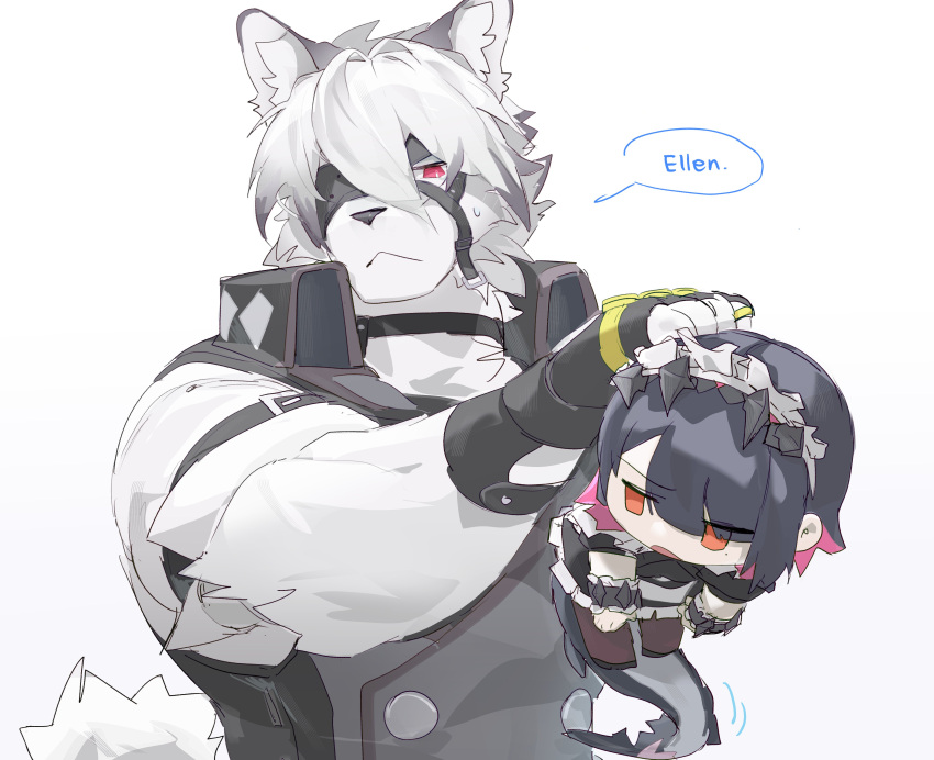 1boy, 1girl, absurdres, black_dress, black_hair, black_vest, body_fur, carrying, carrying_person, chibi, closed_mouth, dress, ellen_joe, fingerless_gloves, fins, fish_tail, furry, furry_male, gloves, hashtag-only_commentary, highres, looking_at_another, loss_kim, maid, maid_headdress, pink_hair, red_eyes, shark_girl, shark_tail, shirt, short_hair, simple_background, speech_bubble, tail, upper_body, vest, von_lycaon, white_background, white_fur, white_shirt, wolf_boy, zenless_zone_zero