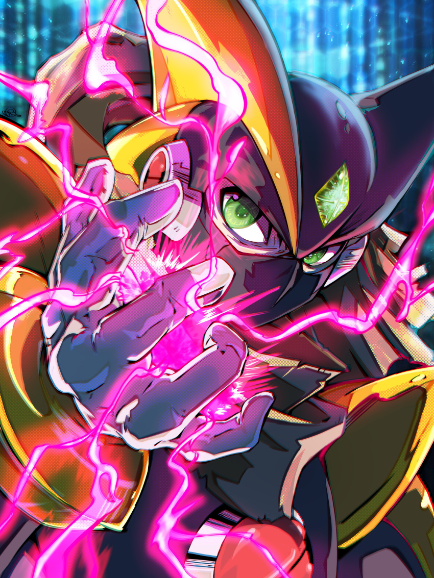 1boy, absurdres, armor, bass.exe_(mega_man), bass.exe_(mega_man)_(cosplay), black_armor, black_helmet, blue_eyes