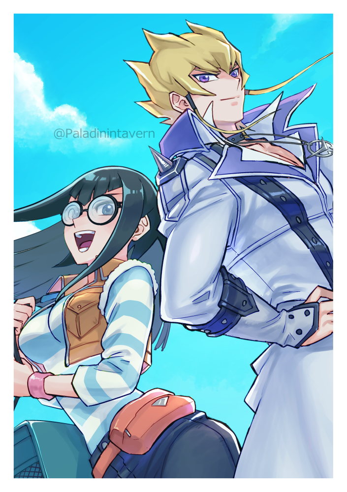 1boy, 1girl, black_hair, blonde_hair, blue_background, blue_pants, blue_shirt, blue_sky