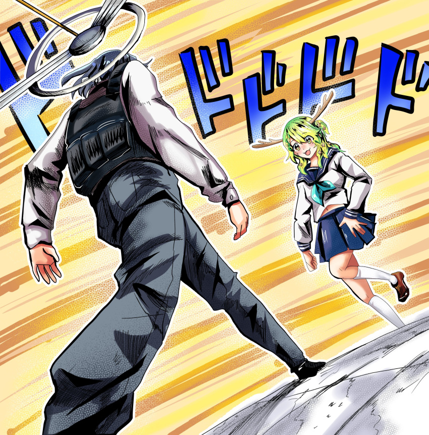 2girls, :3, :d, absurdres, antlers, aqua_neckerchief, blue_hair, blue_sailor_collar, blue_skirt, brown_footwear, bulletproof_vest, ceres_fauna, commentary, cosplay, dodododo, english_commentary, green_hair, grey_pants, halo, highres, hololive, hololive_english, horns, loafers, long_sleeves, looking_at_another, mechanical_halo, meme, menacing_(jojo), miku_(mikururun), multiple_girls, neckerchief, nichijou, oh?_you're_approaching_me?_(meme), ouro_kronii, outline, pants, pleated_skirt, praetor_suit, principal_(nichijou), principal_(nichijou)_(cosplay), sailor_collar, scene_reference, shikanoko_noko, shikanoko_noko_(cosplay), shikanoko_nokonoko_koshitantan, shirt, shoes, skirt, smile, socks, sound_effects, standing, standing_on_one_leg, tactical_clothes, white_outline, white_shirt, white_socks