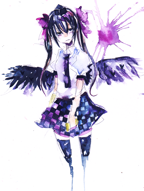 black_hair, black_legwear, black_thighhighs, black_wings, book, cellphone, checkered, checkered_skirt, circles, emo, hat, hata-tan, himekaidou_hatate, long_hair, necktie, paint_splatter, phone, ponytails, ribbon, shiratsuyu, shirt, sketch, skirt, thigh-highs, thighhighs, tokin_hat, touhou, traditional_media, twintails, very_long_hair, watercolor_(medium), wings