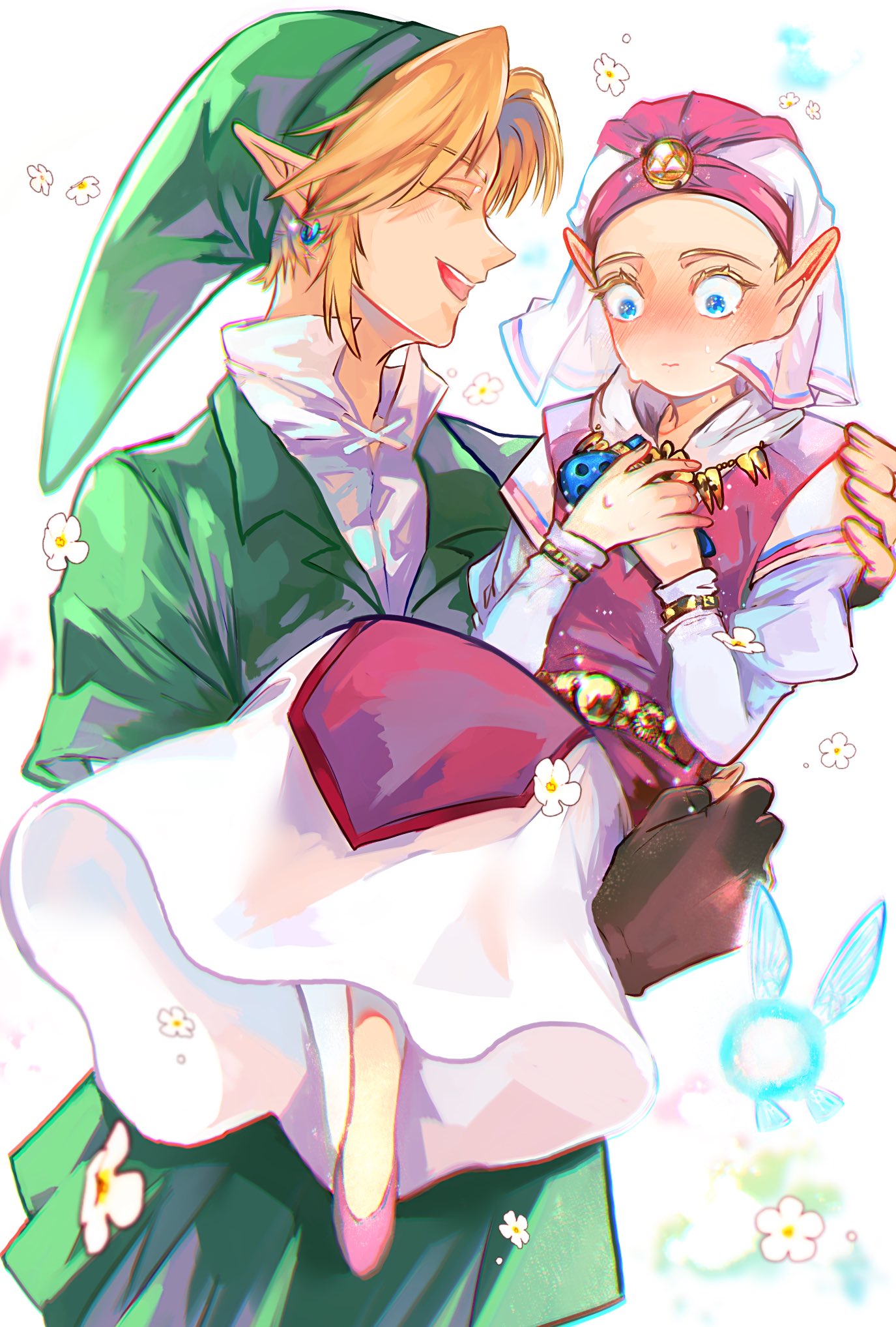 1boy, 1girl, age_difference, blonde_hair, blush, brown_gloves, carrying, closed_eyes, closed_mouth, commentary_request, cowboy_shot, dress, ear_blush, earrings, facing_another, fairy, fingerless_gloves, floral_background, gloves, green_hat, green_tunic, hands_on_own_chest, hat, highres, holding, holding_instrument, holding_ocarina, instrument, jewelry, link, long_dress, looking_down, matsutoshi_kkb, navi, ocarina, open_mouth, pink_dress, pink_footwear, princess_carry, princess_zelda, short_hair, teeth, the_legend_of_zelda, the_legend_of_zelda:_ocarina_of_time, two-tone_dress, upper_teeth_only, white_background, white_dress, white_headdress, young_zelda