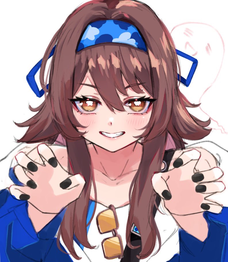 1girl, black_nails, blue_hairband, blue_jacket, blush, brown_eyes, brown_hair, claw_pose
