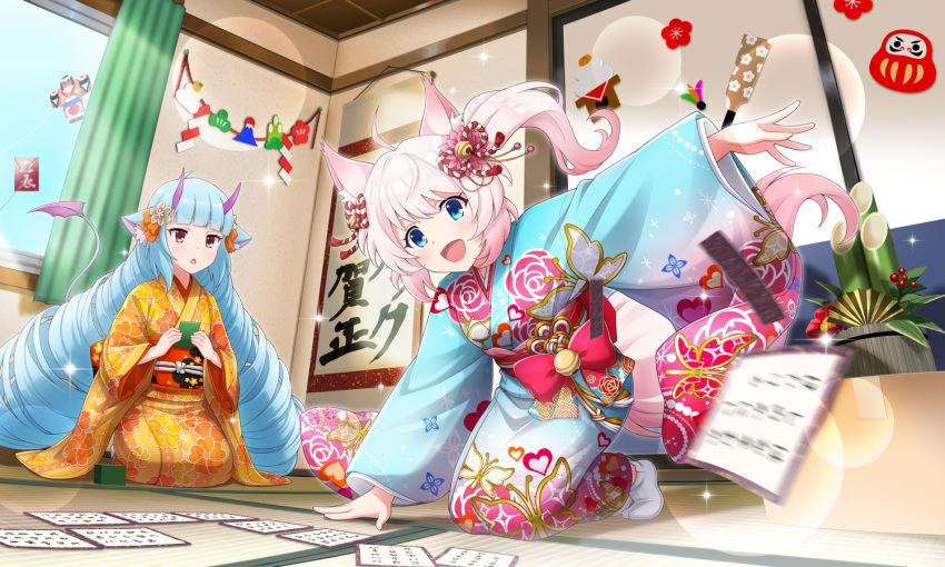 2girls, :d, :o, ahoge, animal_ear_fluff, animal_ears, artist_request, bell