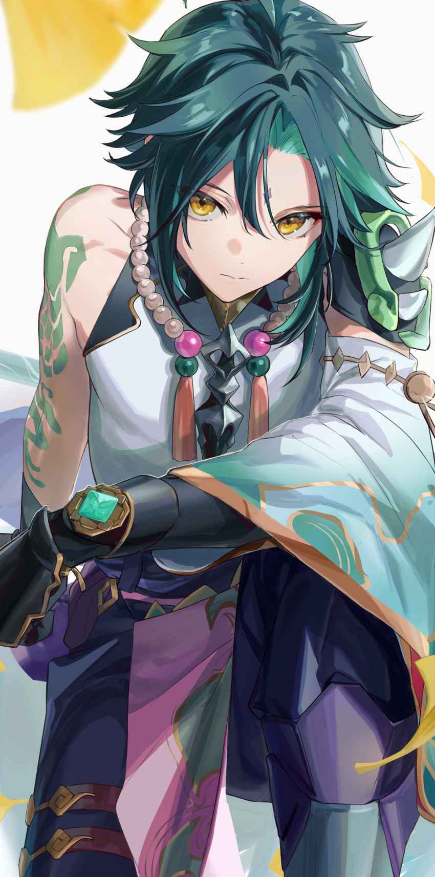 1boy, absurdres, arm_at_side, arm_on_knee, arm_rest, bishounen, curtained_hair, dot_nose, facing_viewer, falling_leaves, feet_out_of_frame, from_above, genshin_impact, ginkgo_leaf, hair_between_eyes, hand_on_floor, haruno_taku, head_tilt, highres, invisible_floor, knee_up, leaf, light_frown, looking_at_viewer, male_focus, outstretched_leg, sitting, solo, split_mouth, toned, toned_male, xiao_(genshin_impact), yellow_eyes, yellow_leaves