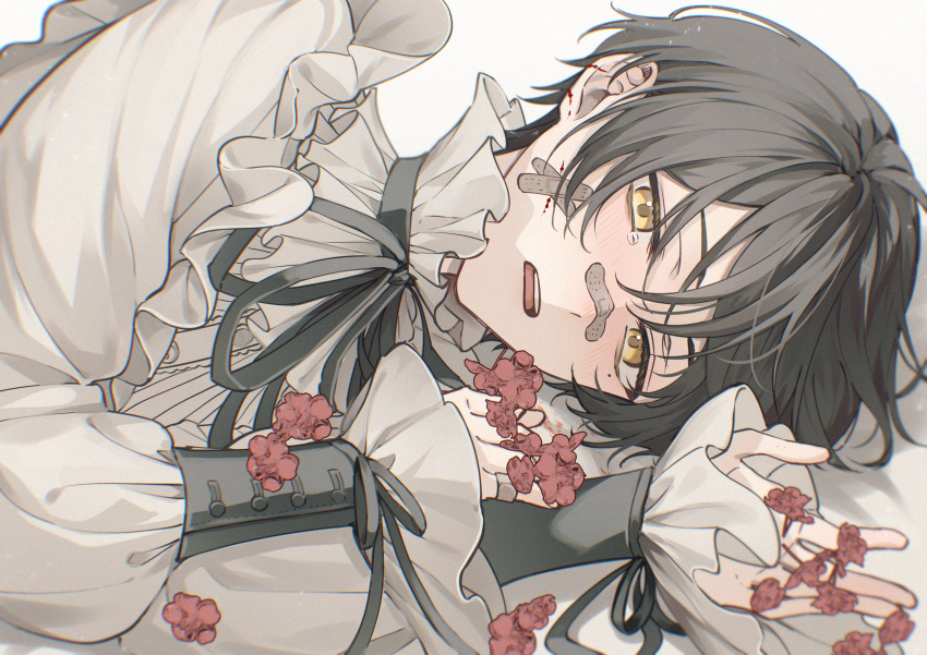 1boy, absurdres, bandaid, bandaid_on_cheek, bandaid_on_face, bandaid_on_nose, bed_sheet, black_hair