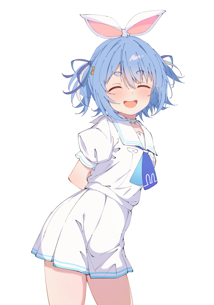 1girl, :d, absurdres, animal_ears, arms_behind_back, belt, blue_hair, blue_neckerchief