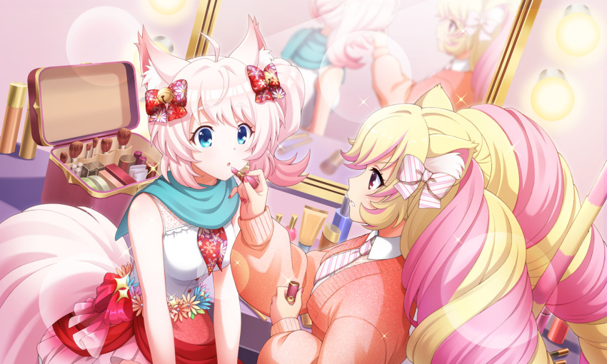 2girls, :o, ahoge, animal_ear_fluff, animal_ears, applying_makeup, applying_makeup_on_another, artist_request