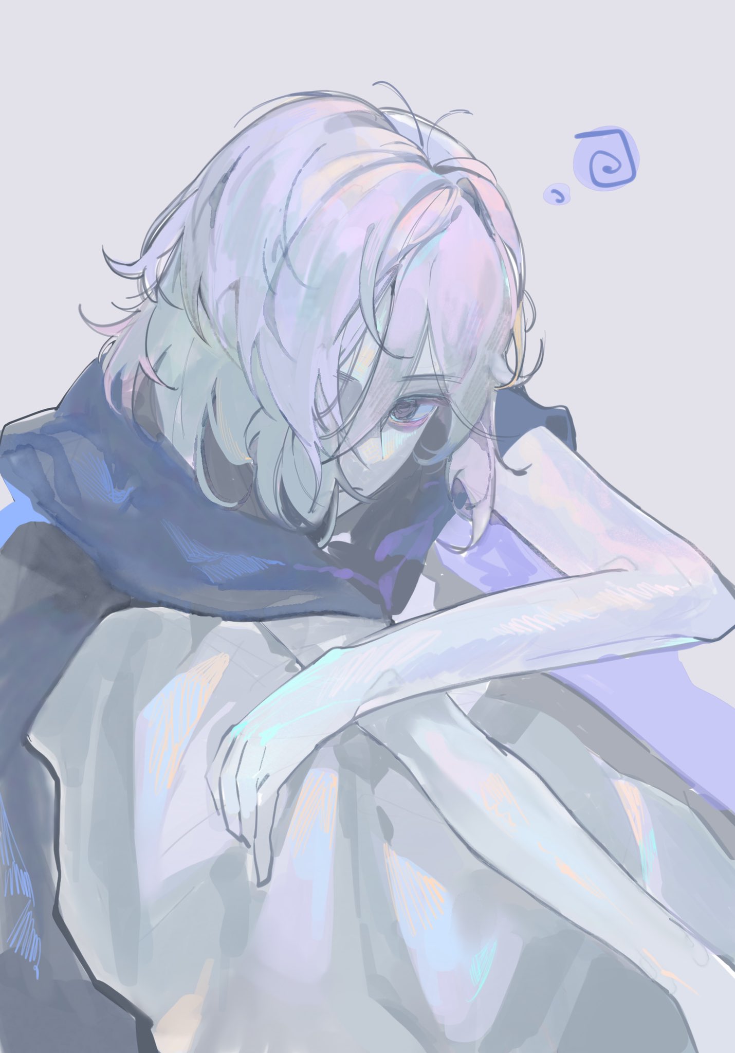 1boy, bags_under_eyes, black_eyes, dsalcy, dungeon_meshi, elf, grey_background, grey_hair