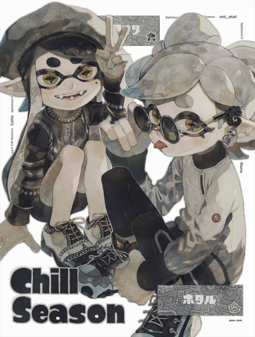 2girls, :p, adjusting_eyewear, alternate_costume, arm_up, artist_name, beret, black_footwear