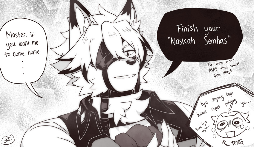2boys, animal_ear_fluff, bishie_sparkle, body_fur, claws, english_commentary, english_text, furry, furry_male, greyscale, highres, indonesian_text, lontongs, male_focus, mixed-language_text, monochrome, multiple_boys, short_hair, speech_bubble, von_lycaon, wolf_boy, zenless_zone_zero