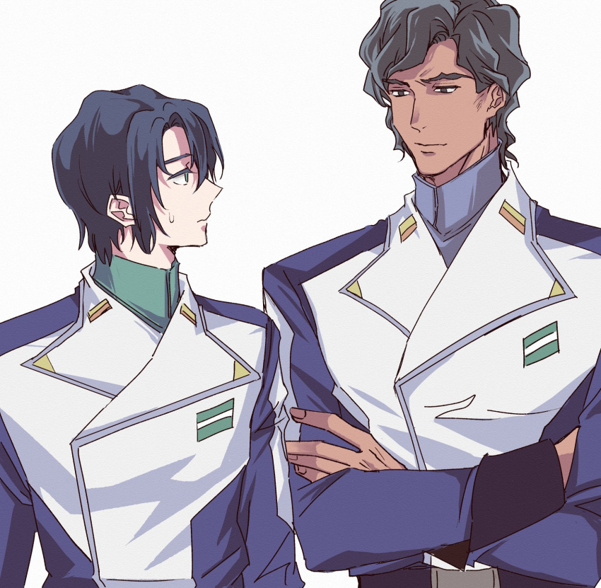 2boys, athrun_zala, black_hair, blue_hair, blue_jacket, brown_eyes, crossed_arms, dark-skinned_male, dark_skin, fukuchika_(kmg_ck), green_eyes, gundam, gundam_seed, gundam_seed_destiny, gundam_seed_freedom, highres, jacket, ledonir_kisaka, looking_at_another, military, military_jacket, military_uniform, multiple_boys, profile, short_hair, simple_background, sweatdrop, turtleneck, uniform, upper_body, wavy_hair, white_background, white_jacket