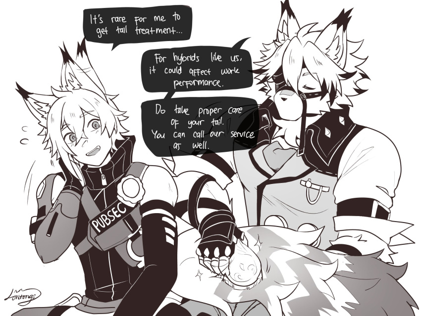 2boys, animal_ear_fluff, animal_ears, body_fur, brushing_tail, cat_boy, cat_ears, cat_tail