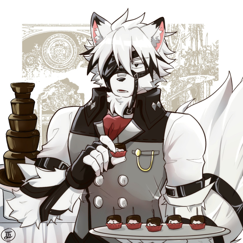 1boy, animal_ear_fluff, black_eyes, body_fur, chocolate, chocolate_fountain, english_commentary, fingernails, furry, furry_male, grey_vest, hand_up, highres, holding, holding_tray, lontongs, looking_at_viewer, male_focus, open_mouth, sharp_fingernails, short_hair, tray, upper_body, vest, von_lycaon, white_fur, white_hair, wolf_boy, zenless_zone_zero