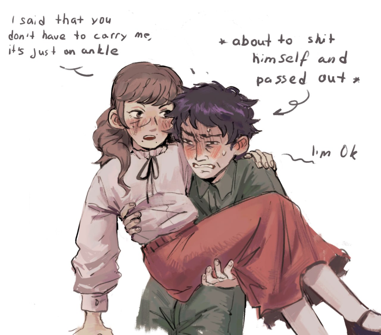 1boy, 1girl, black_footwear, black_hair, black_ribbon, blush, brown_hair, carrying, clenched_teeth, collared_jumpsuit, commentary, cropped_legs, english_commentary, english_text, fear_&amp;_hunger, fear_&amp;_hunger_2:_termina, frilled_shirt_collar, frills, gogalinskiy, green_jumpsuit, grimace, hand_on_another's_shoulder, heavy, jumpsuit, levi_(fear_&amp;_hunger), long_hair, long_skirt, long_sleeves, looking_at_another, marina_(fear_&amp;_hunger), mary_janes, neck_ribbon, open_mouth, pink_skirt, princess_carry, profanity, ribbon, shirt, shirt_tucked_in, shoes, short_hair, simple_background, skirt, socks, sweat, teeth, upper_teeth_only, white_background, white_shirt, white_socks