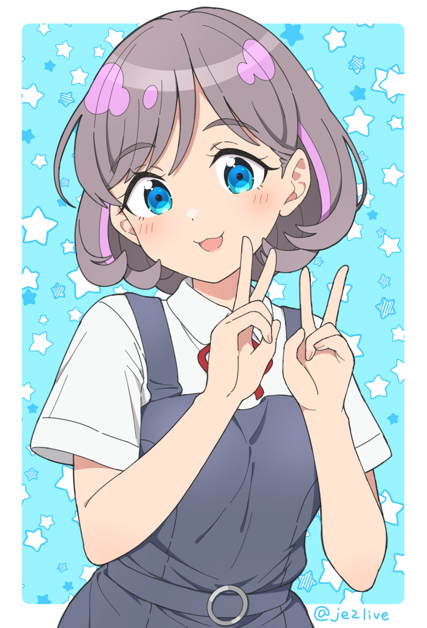 1girl, :3, blue_eyes, blush, collared_shirt, commentary_request, double_v, dress