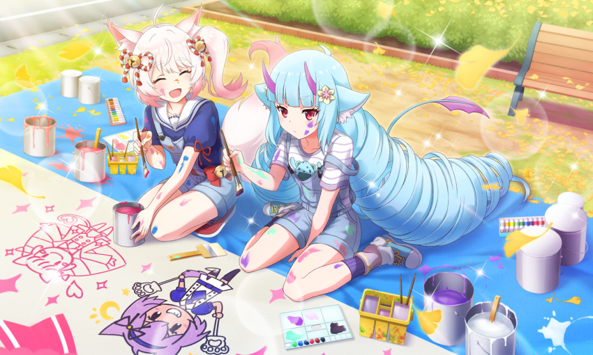 2girls, ^_^, ahoge, animal_ear_fluff, animal_ears, arm_between_legs, artist_request, bell