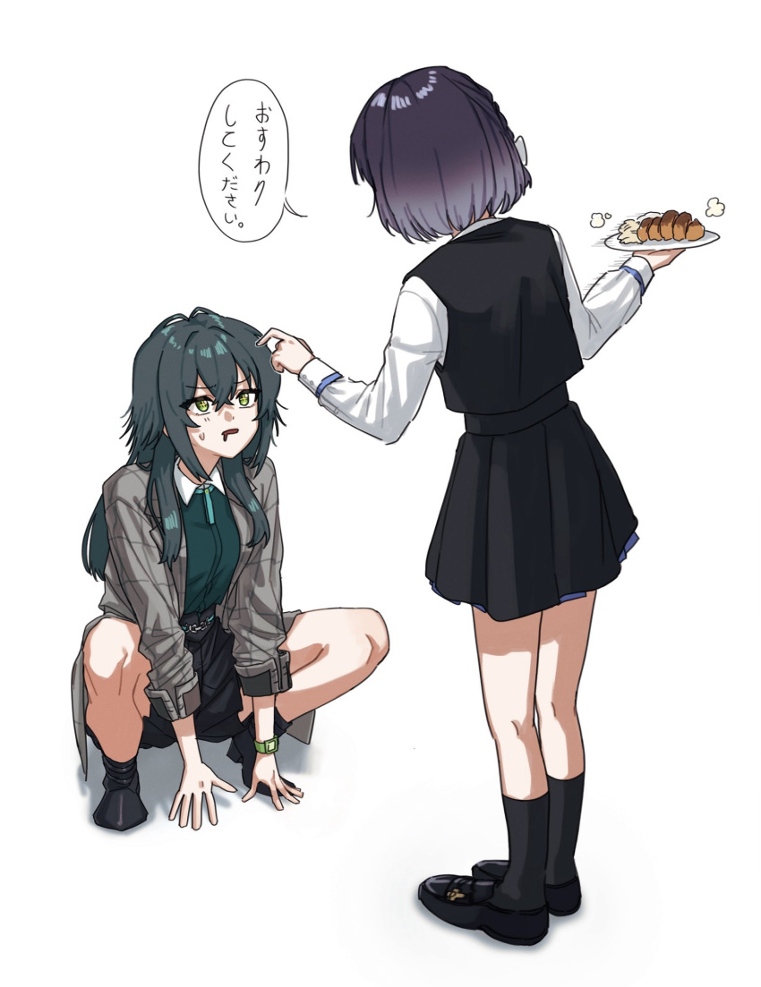 2girls, bikbuk14, black_skirt, black_socks, black_vest, coat, commentary_request, cross-shaped_pupils