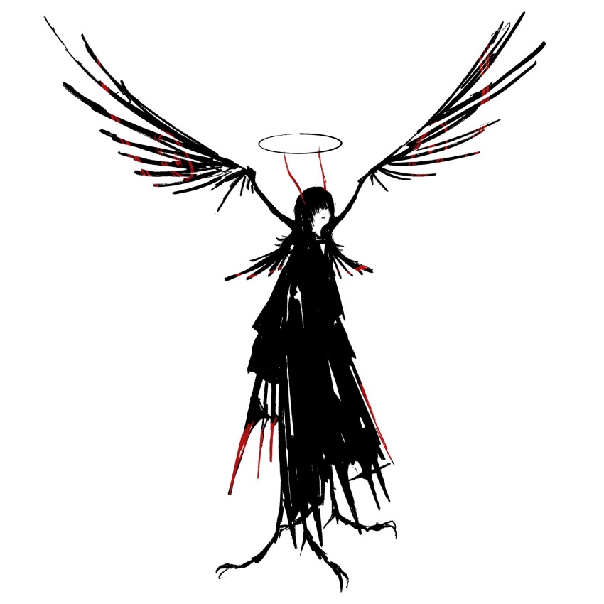 1girl, angel, black_wings, claws, depressive, fallen_angel, greyscale, highres