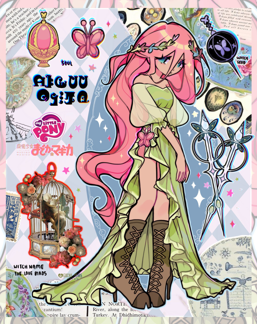 1girl, blue_eyes, boots, bug, butterfly, crossover, dress, english_text