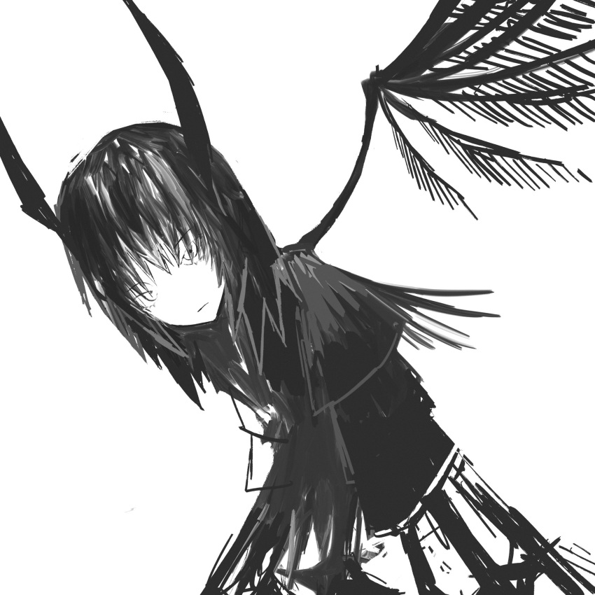 greyscale, highres, horns, monochrome, shake_(shyakep), shakep_p, single_wing, wings