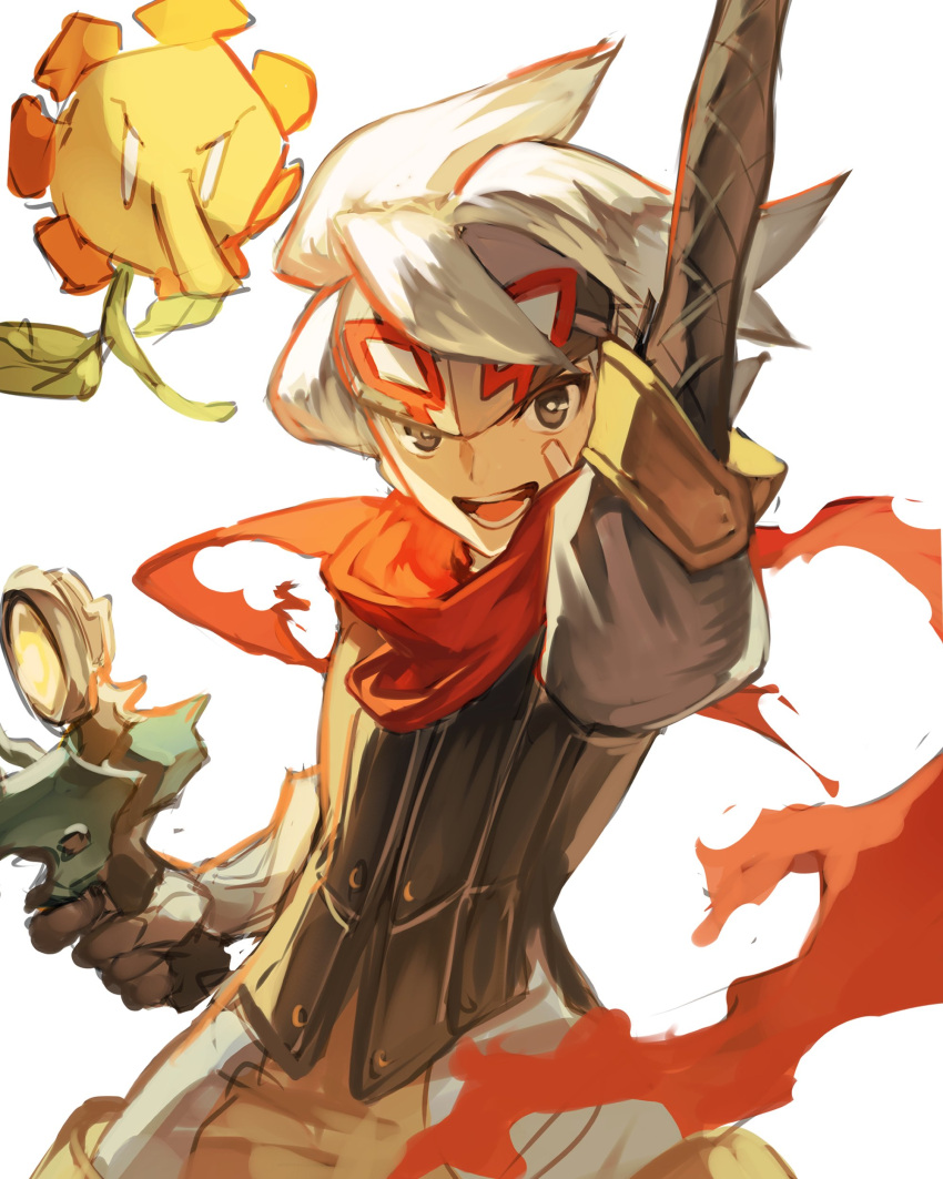 1boy, absurdres, arm_up, black_jacket, bokura_no_taiyou, brown_shorts, cowboy_shot, django_(boktai), highres, jacket, kashia, male_focus, red_scarf, scarf, shorts, solo_focus, white_hair