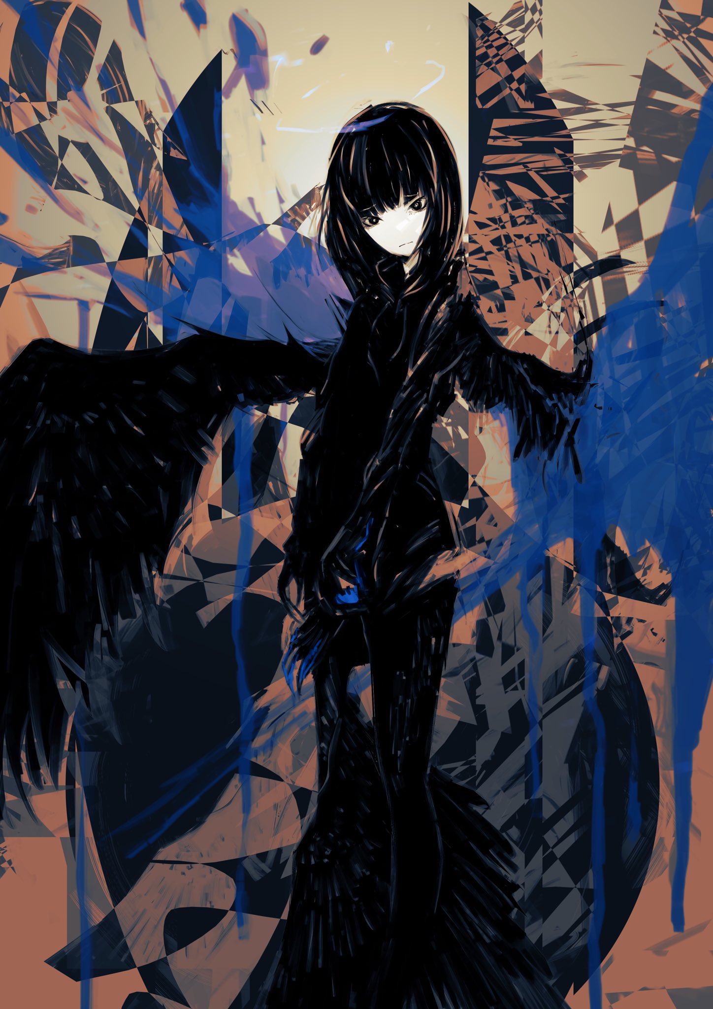 1girl, black_eyes, black_hair, black_wings, depressed, greyscale, highres, long_hair