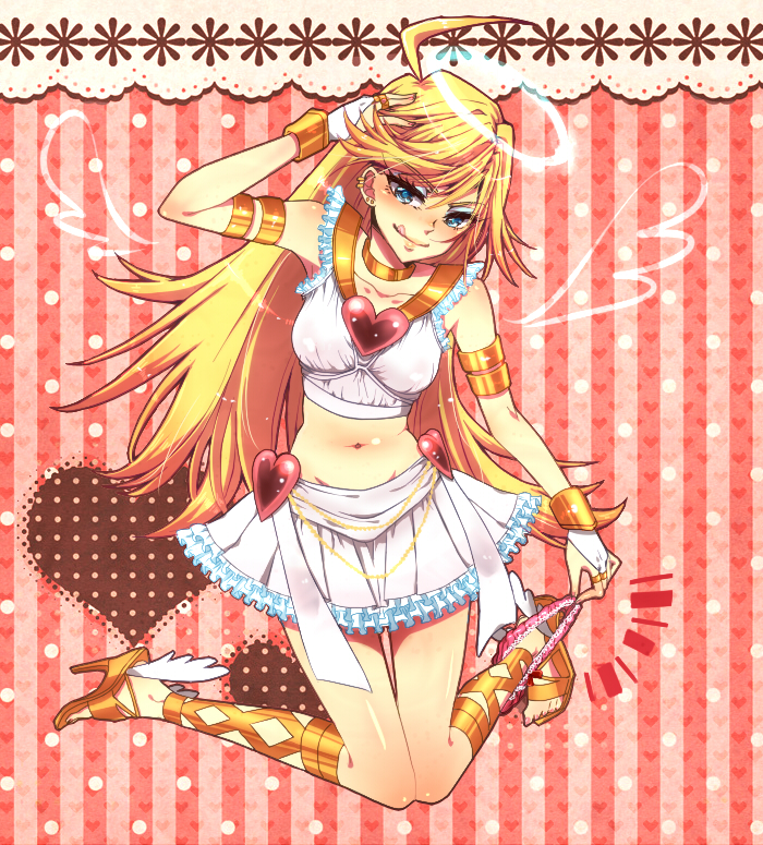 :d, ahoge, ankle_lace-up, armband, bad_id, blonde_hair, blue_eyes, cross-laced_footwear