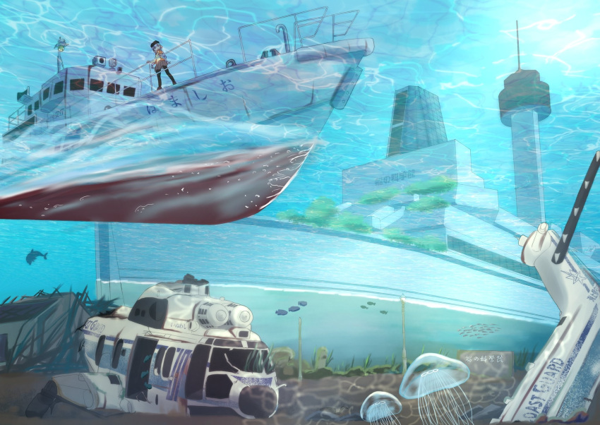 1girl, boat, braid, caustics, day, dolphin, fish, hat, highres, jellyfish, kizuna_akari, museum_of_maritime_science, post-apocalypse, purple_hair, railing, rascal-teitoku, real_world_location, scenery, school_of_fish, ship, skirt, solo, standing, sunlight, twin_braids, underwater, voiceroid, watercraft, wreckage