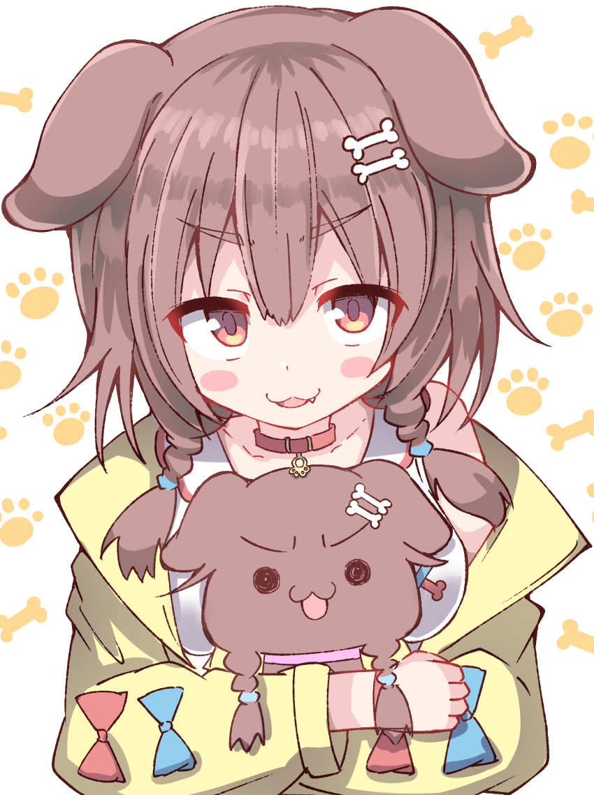 1girl, :d, absurdres, animal_ears, bare_shoulders, blue_bow, blush_stickers, bone_hair_ornament