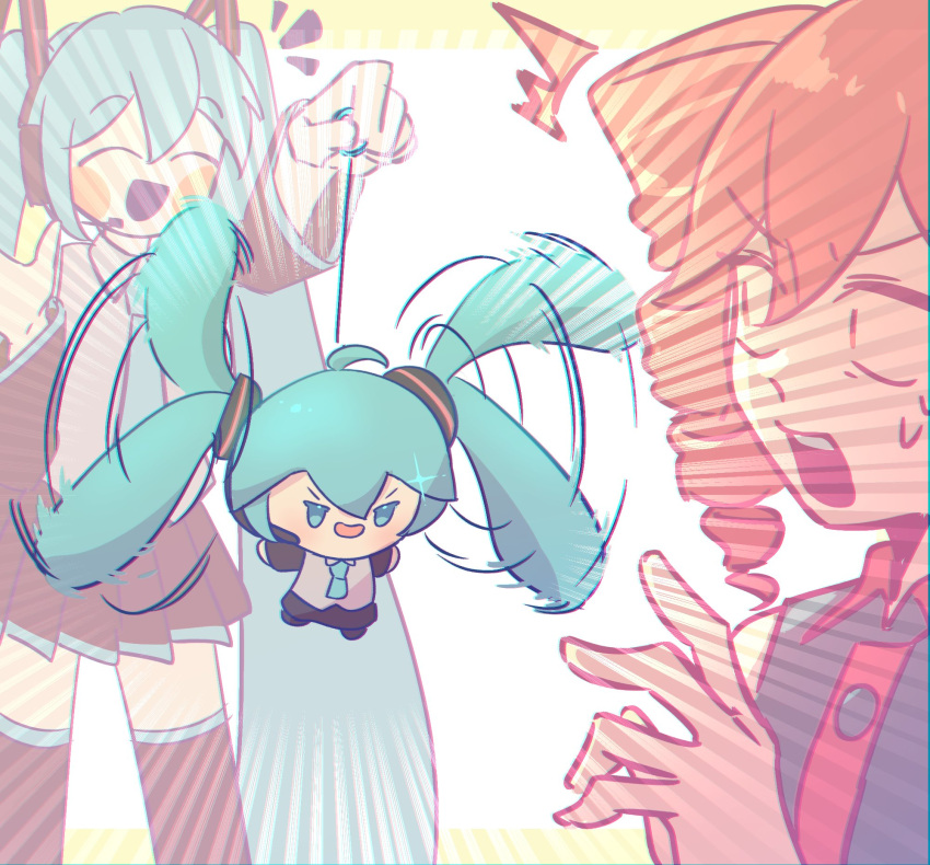 2girls, afterimage, aqua_eyes, aqua_hair, aqua_necktie, black_mouth, black_skirt, black_sleeves, black_thighhighs, character_doll, closed_eyes, commentary, drill_hair, facing_another, grey_shirt, hair_ornament, hand_up, hatsune_miku, headphones, headset, highres, holding, holding_toy, kasane_teto, long_hair, looking_back, millu_0763, miniskirt, motion_lines, multiple_girls, necktie, notice_lines, pleated_skirt, redhead, ripcord, shirt, skirt, smile, solid_eyes, sparkle, spinning, standing, sunburst, surprised, thigh-highs, toy, twintails, utau, v-shaped_eyebrows, very_long_hair, vocaloid, wide-eyed, zettai_ryouiki