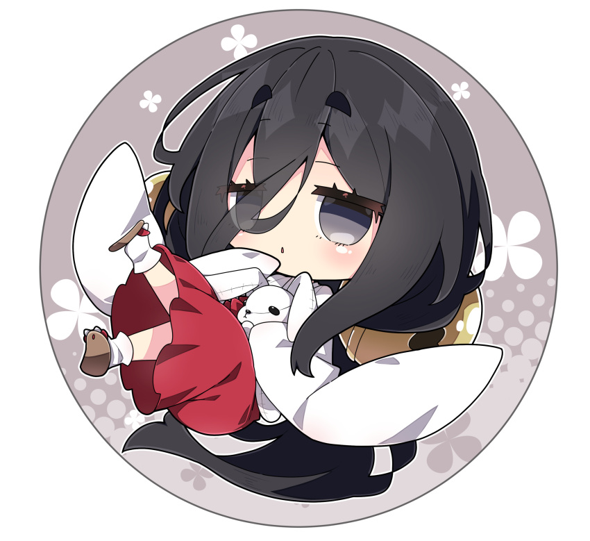 1girl, bell, black_hair, blush, brown_footwear, chibi, chuugoku_usagi, commentary_request