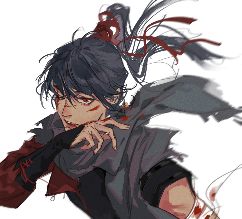 1boy, absurdres, asymmetrical_sleeves, bandaged_arm, bandages, black_hair, black_scarf, blood, blood_on_face, blood_on_hands, blurry, floating_hair, hair_ribbon, highres, long_hair, long_sleeves, looking_at_viewer, male_focus, one_eye_closed, original, parted_lips, red_eyes, red_ribbon, ribbon, scarf, short_sleeves, simple_background, solo, teeth, upper_body, upper_teeth_only, white_background, xiaoyia134