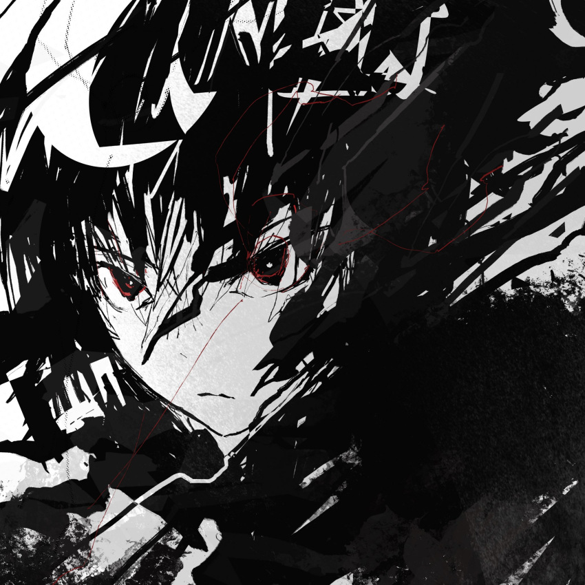 black_eyes, black_hair, closed_mouth, depressed, expressionless, goth_fashion, grey_background, greyscale