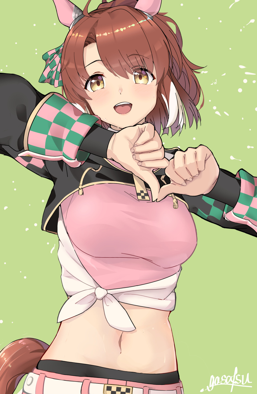 1girl, absurdres, ahoge, animal_ears, blush, breasts, brown_eyes, brown_hair, dantsu_flame_(umamusume), gasatsuneo, green_background, headband, heart, heart-shaped_pupils, highres, horse_ears, horse_girl, horse_tail, looking_at_viewer, medium_breasts, midriff, navel, open_mouth, pantyhose, signature, simple_background, solo, stomach, symbol-shaped_pupils, tail, teeth, umamusume, upper_teeth_only